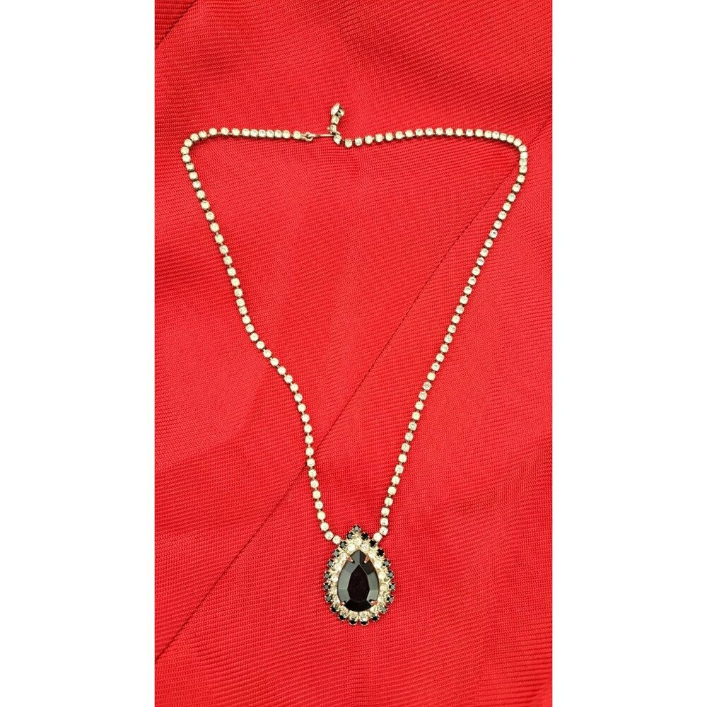 Vintage Rhinestone Clear Black Necklace Costume Teardrop Pendant Costume 17"